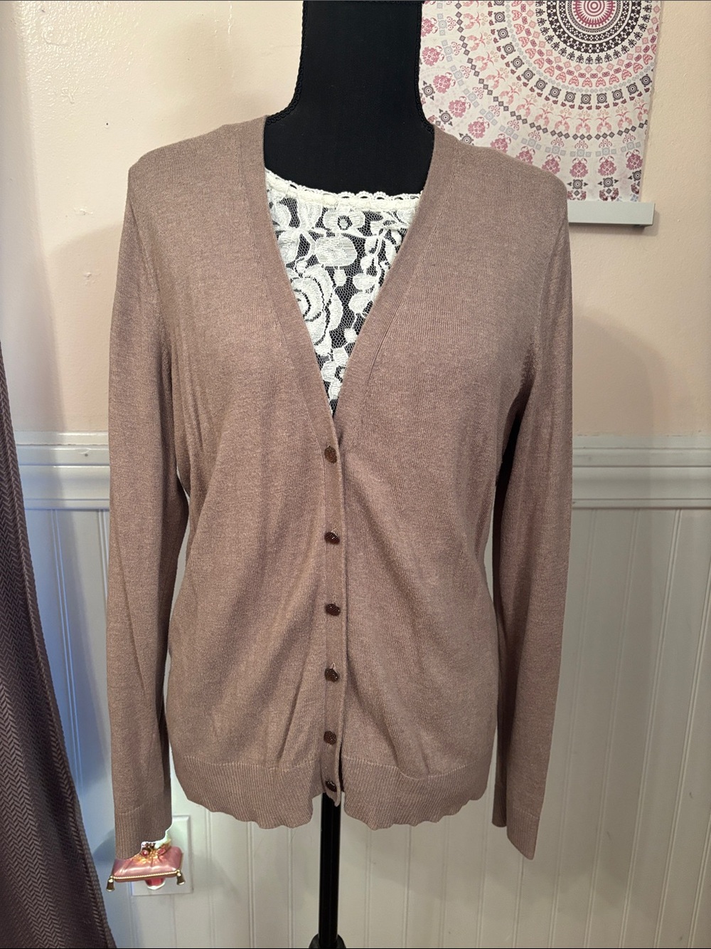 New York & Company Taupe Button-Front V-Neck Cardigan